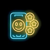 Neon icon of smartphone displaying feedback with stars and emoji vector