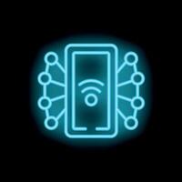 Neon icon of smartphone connecting to network hub with wifi signal vector