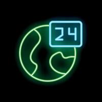 Neon icon of earth globe showing 24 hours availability sign vector