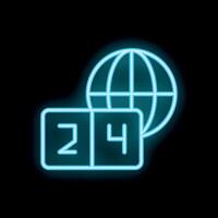 Neon icon of calendar showing 24 hours and globe for global availability vector