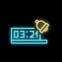 Neon sign of digital alarm clock showing time 03,21 with ringing bell on the black background. illustration vector