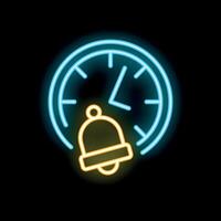 Neon clock showing deadline with ringing bell icon on black background vector