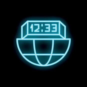 Neon sign showing digital clock displaying time over planet earth vector