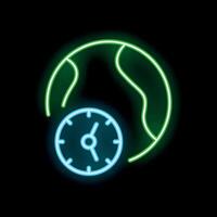 Neon icon of clock showing global time zones vector