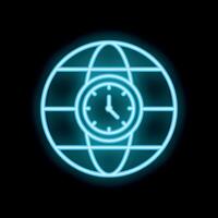 Neon sign of clock overlaying globe for global business hours vector