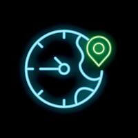 Neon icon of clock showing time zones around world vector