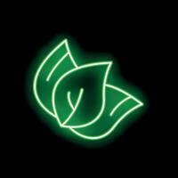 Green neon sign showing two overlapping leaves on black background vector