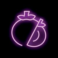 Neon sign of a tomato cut in half glowing on a black background vector