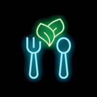 Neon icon of cutlery with leaves representing vegan food vector