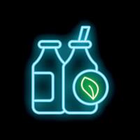 Neon icon of two glass bottles with straw and leaf representing vegan protein shake vector