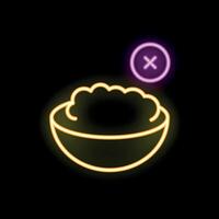 Neon sign showing a bowl of food being refused with a cross mark vector