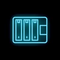 Glowing neon icon of server rack on black background vector
