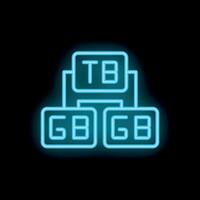 Neon icon of storage size comparison showing terabytes gigabytes and megabytes vector