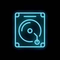 Neon hard disk drive icon glowing on dark background vector