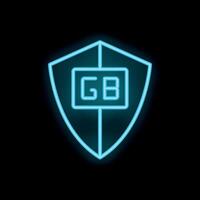 Bright, glowing blue neon sign in the shape of a shield protecting the letters gb on a black background vector