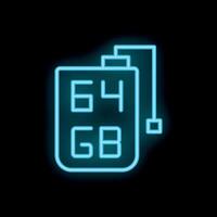 Neon icon of micro sd card showing 64 gb memory capacity vector