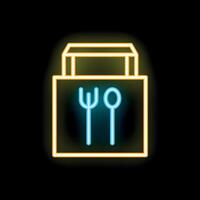 Neon sign of food delivery bag with fork and spoon on black background vector