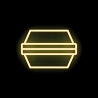 Yellow neon sign of a clamshell take away food container on a black background vector