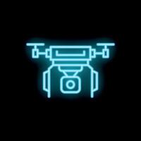 Blue neon icon of a drone recording with camera on black background vector