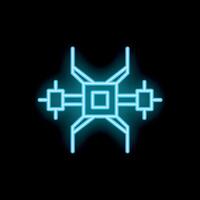 Neon blue quadcopter drone icon glowing on black background vector