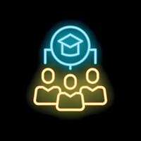 Neon icon of students studying for university degree with graduation cap vector