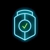 Neon shield showing security check mark on black background vector