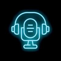 Neon sign representing a podcast microphone with headphones glowing on black background vector