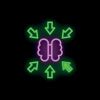 Neon brain receiving information from all directions with arrows pointing in and out vector