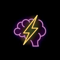 Neon sign representing brain with lightning bolt symbolizing brainstorming vector