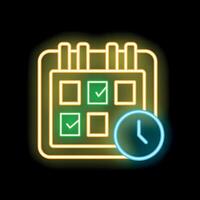 Neon glowing icon of calendar showing scheduled events and time management vector