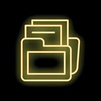 Neon yellow open folder icon with documents on black background vector