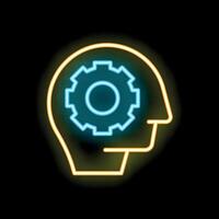 Neon style silhouette of a head with cogwheel working inside vector