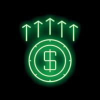 Neon green dollar coin increasing value with up arrows vector