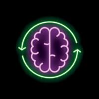 Neon brain surrounded by circular arrows representing brainstorming and idea generation vector