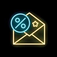 Neon icon of email marketing showing open envelope with percent symbol and star vector