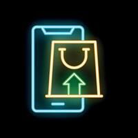 Neon sign of smartphone showing upload icon on shopping bag vector