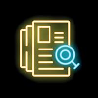 Neon icon of magnifying glass analyzing documents representing due diligence vector