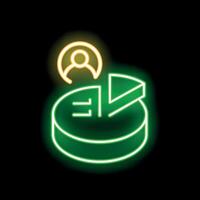 Neon icon of person looking at a pie chart representing market share vector