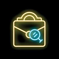 Neon icon of magnifying glass resting on briefcase representing job search vector