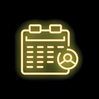 Neon yellow calendar icon showing user profile glowing on black background vector