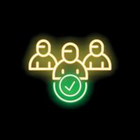 Neon icon of three people and a check mark representing a successful team vector