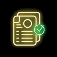 Neon icon of documents being approved with green check mark vector