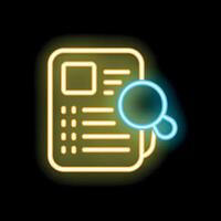 Neon icon of magnifying glass analyzing document for fact checking vector
