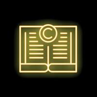 Neon yellow copyright symbol on open book icon glowing on black background vector
