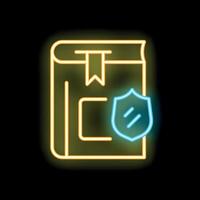 Neon icon of book with bookmark and shield representing copyright protection vector