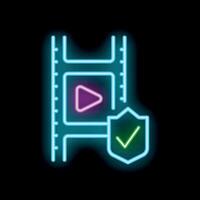 Neon icon of film strip with play button and check mark shield vector