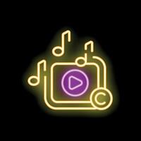 Neon copyright symbol over music player with notes coming out on black background vector