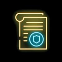 Neon icon of official document with stamp, security shield, agreement or contract vector