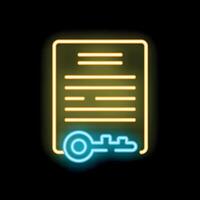 Neon icon of key unlocking padlock on document for private information vector