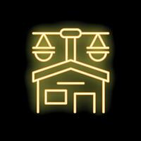 Yellow neon sign of courthouse building with scales of justice symbol on black background vector